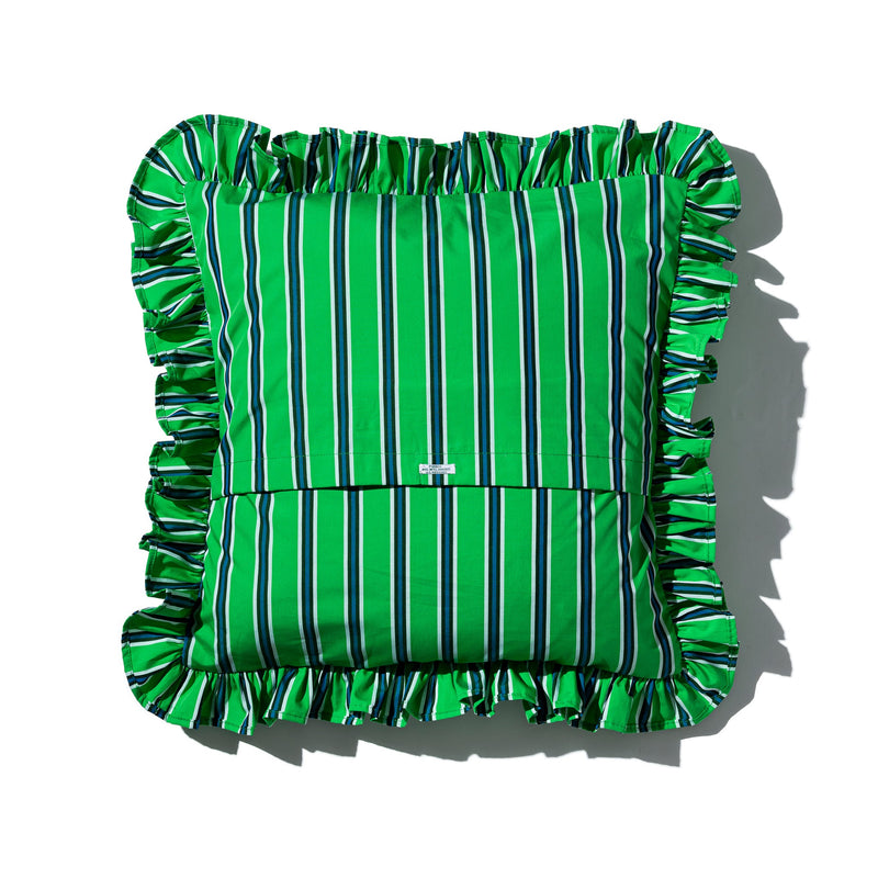 SHIRT FABRIC RUFFLE CUSHION COVER / Green Stripe