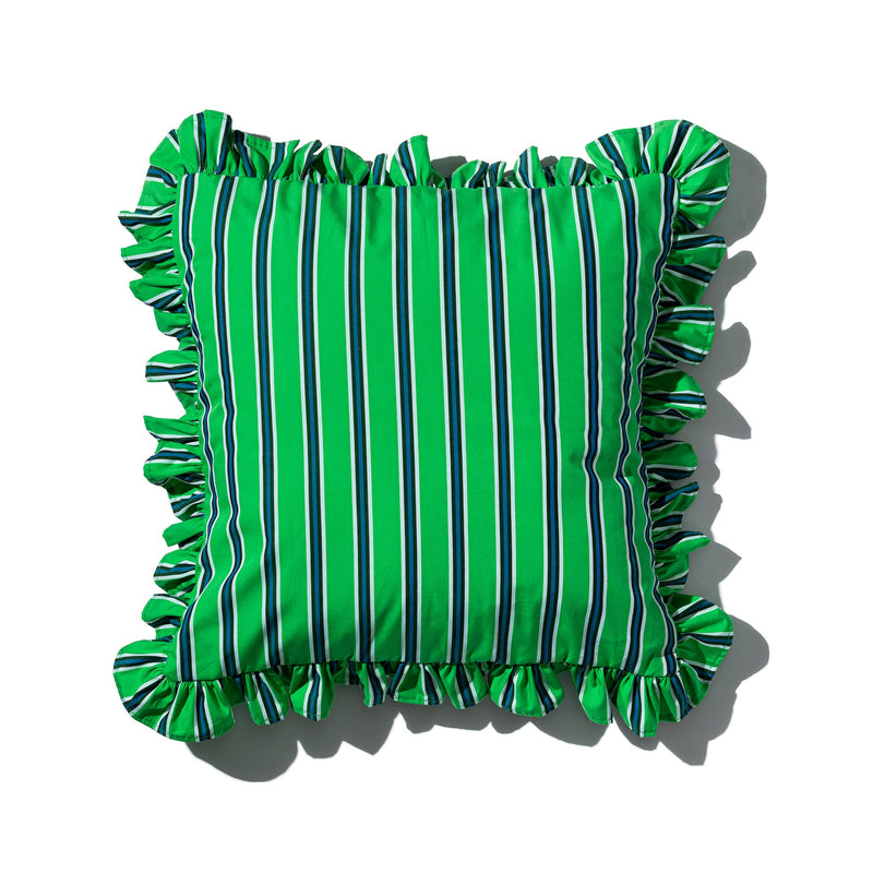 SHIRT FABRIC RUFFLE CUSHION COVER / Green Stripe